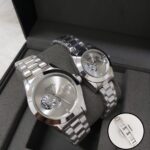 Automatic Silver Couple Watch Set with Open Heart Dial