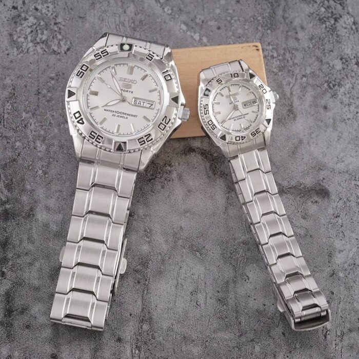 Shophine 'Eternity' Matching Couple Watches Set in Polished Platinum Steel - Image 2