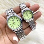 Shophine 'Synchrony' Paired Timepiece Set in Polished Steel with Luminous Chartreuse Dial
