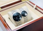 Shophine 'Eternity Duet' Couple Watch Set in Polished Silver with Obsidian Dial