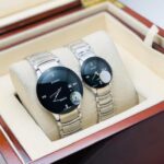 Shophine 'Eternity Duet' Couple Watch Set in Polished Silver with Obsidian Dial