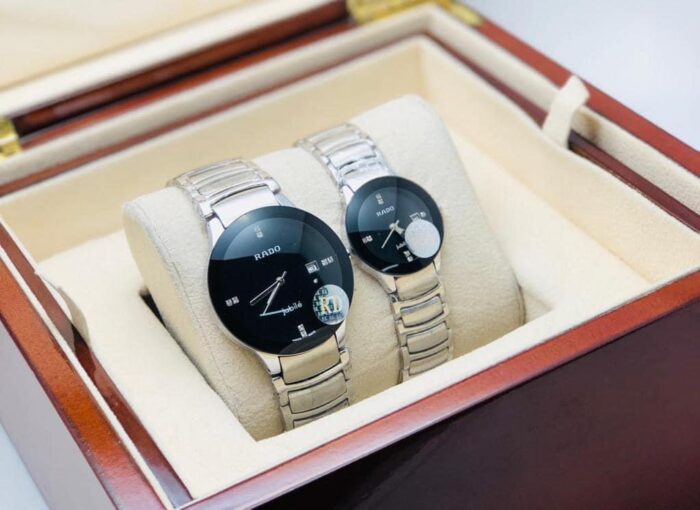 Shophine 'Eternity Duet' Couple Watch Set in Polished Silver with Obsidian Dial - Image 2