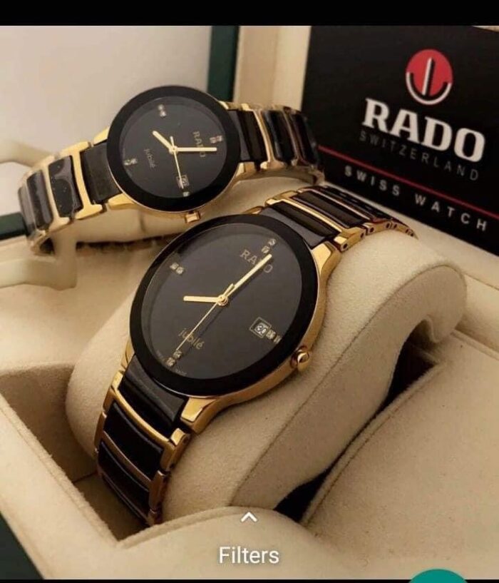 Shophine 'Duet' Couple's Timepiece Set in Onyx Ceramic & Polished Gold - Image 3