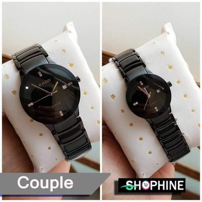 Shophine Noir Élégance: The Ultimate Black Couple Watch Set in Ceramic & Rose Gold - Image 3