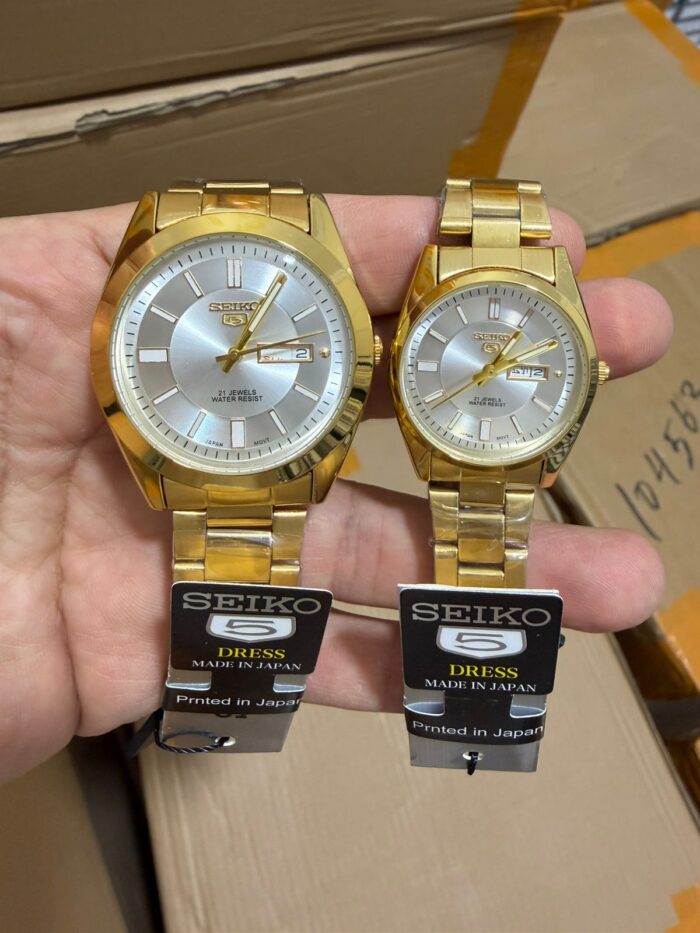 Gold Couple Watch Set with Sunburst Silver Dial - Image 2