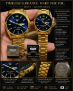 His & Hers Legacy Watch Set with Azure Sunburst Dial in Polished Gold