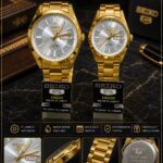 Gold Couple Watch Set with Sunburst Silver Dial