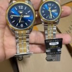 Two-Tone Couple's Timepiece Set with Royal Blue Sunray Dials