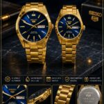 The Shophine Celestial Duet: Engravable Couples Watch Set in Gilded Steel with Azurean Sunburst Dial